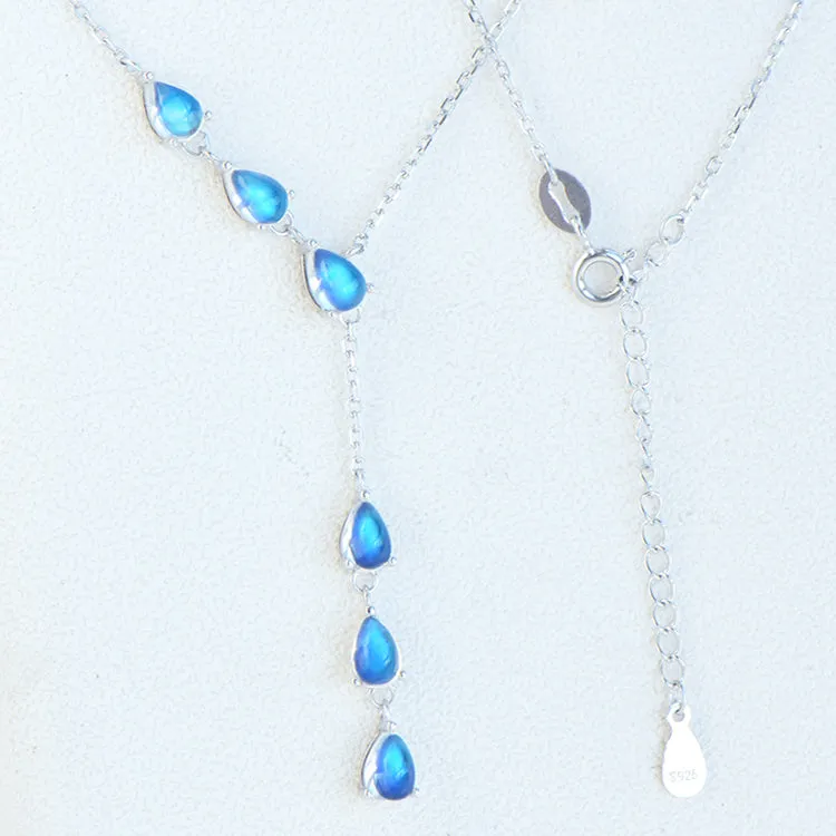 Drop Shaped Blue Moonstone Pendant Silver Y Necklace For Women