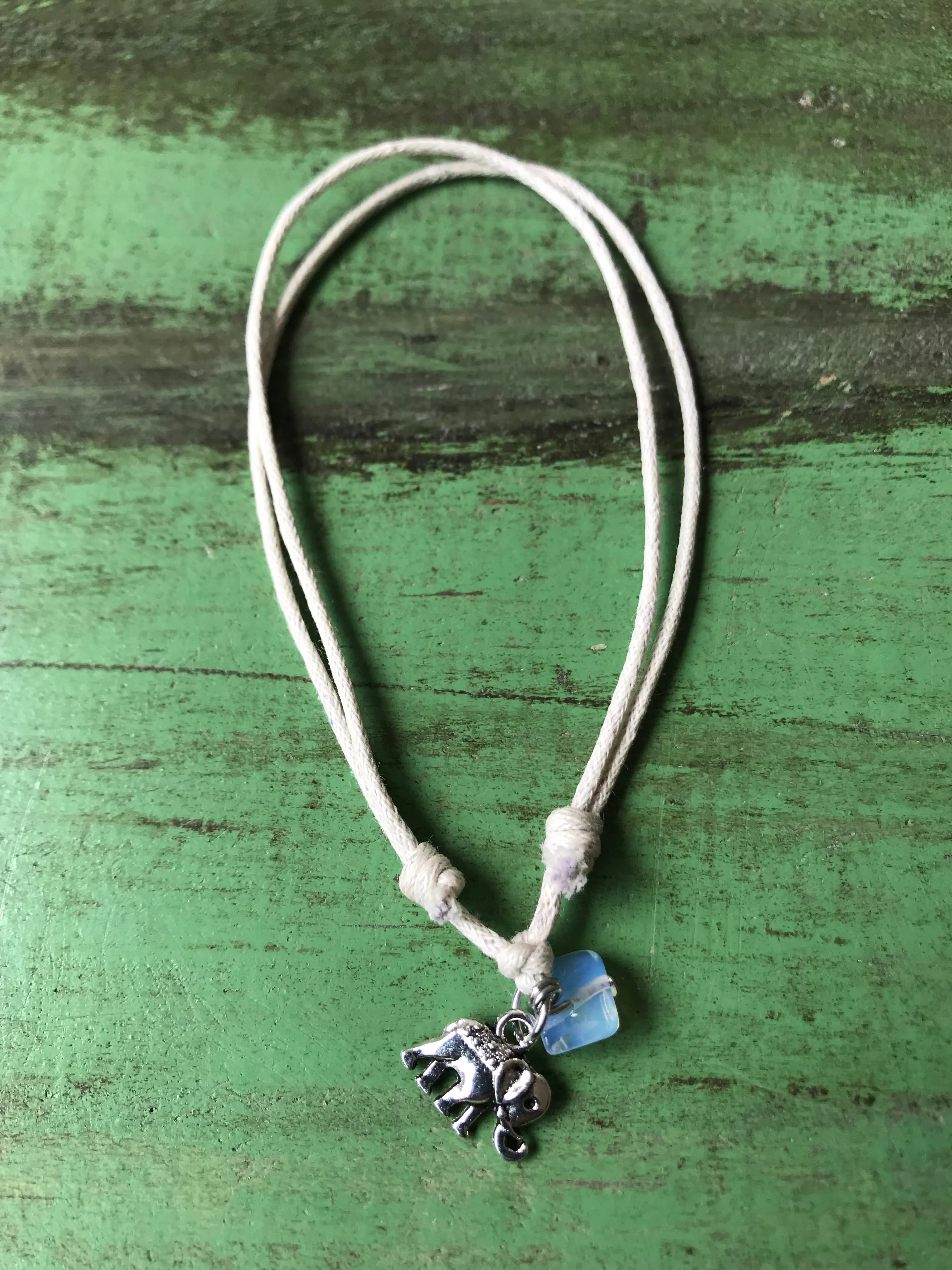 Elephant with Sea Opal on Cream Cord Anklet