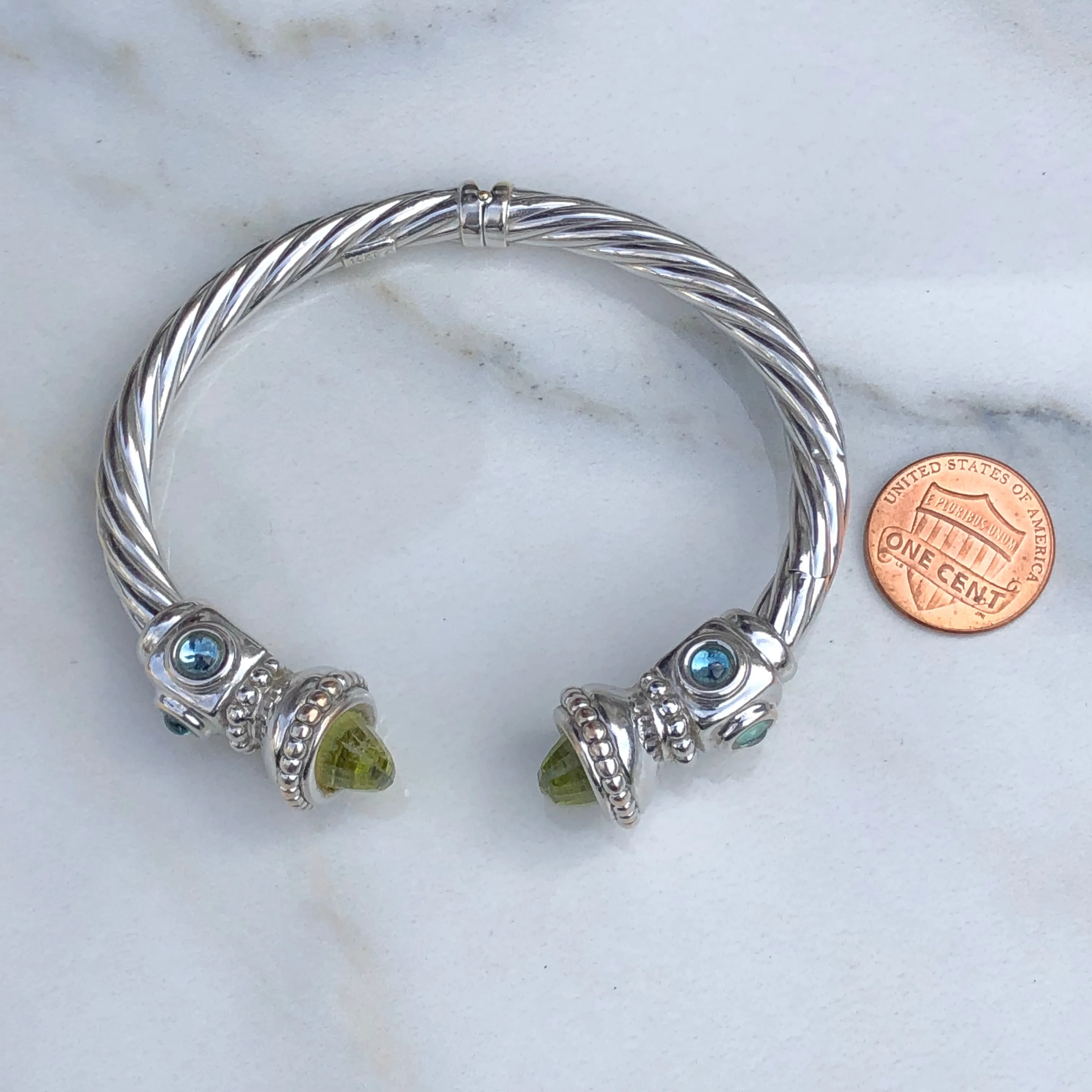 Estate 14KT White Gold Peridot End Caps   Blue Topaz Bangle Bracelet