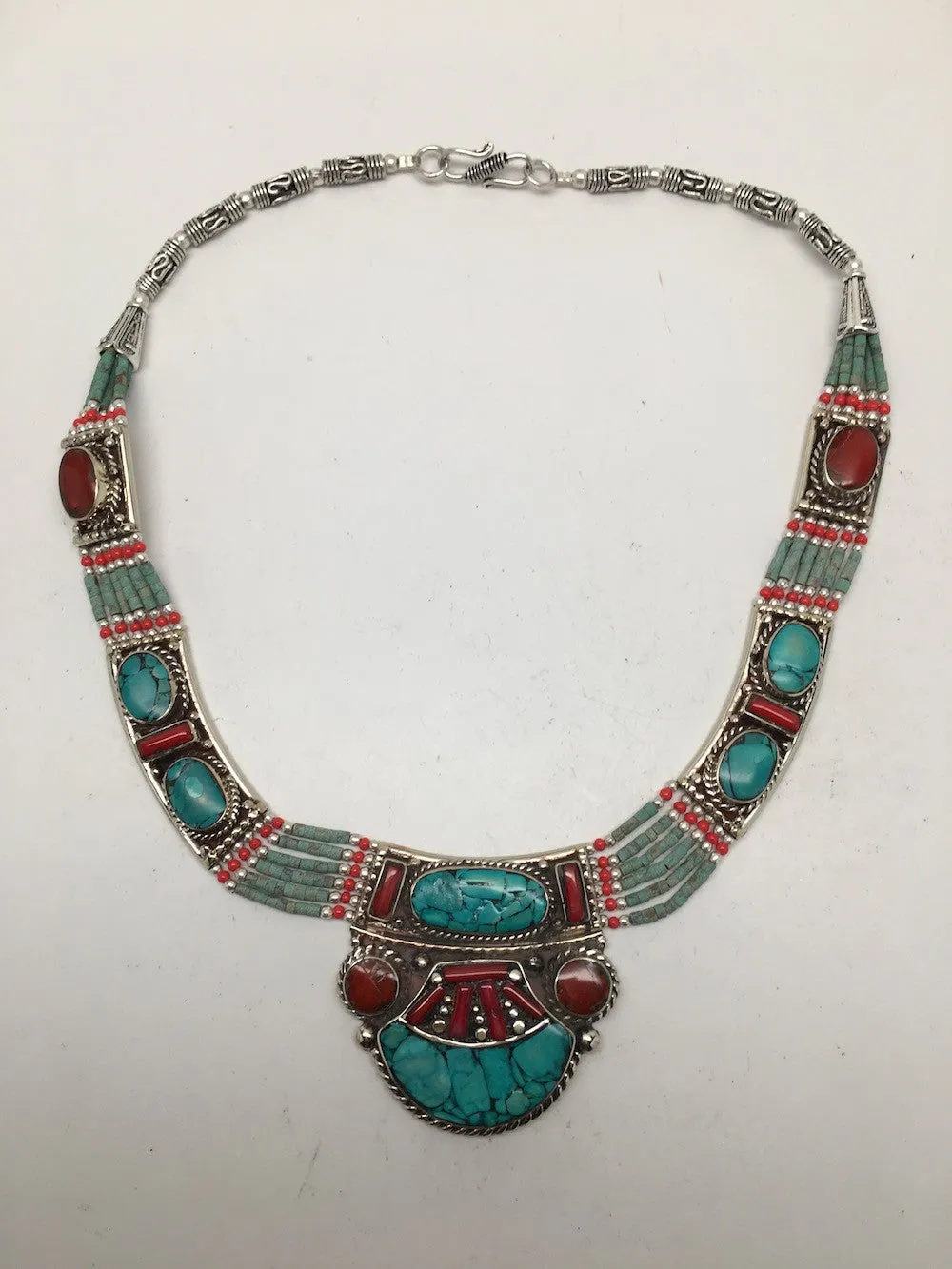 Ethnic Tribal Nepalese tribal Green Turquoise & Red Coral Inlay Necklace, E259