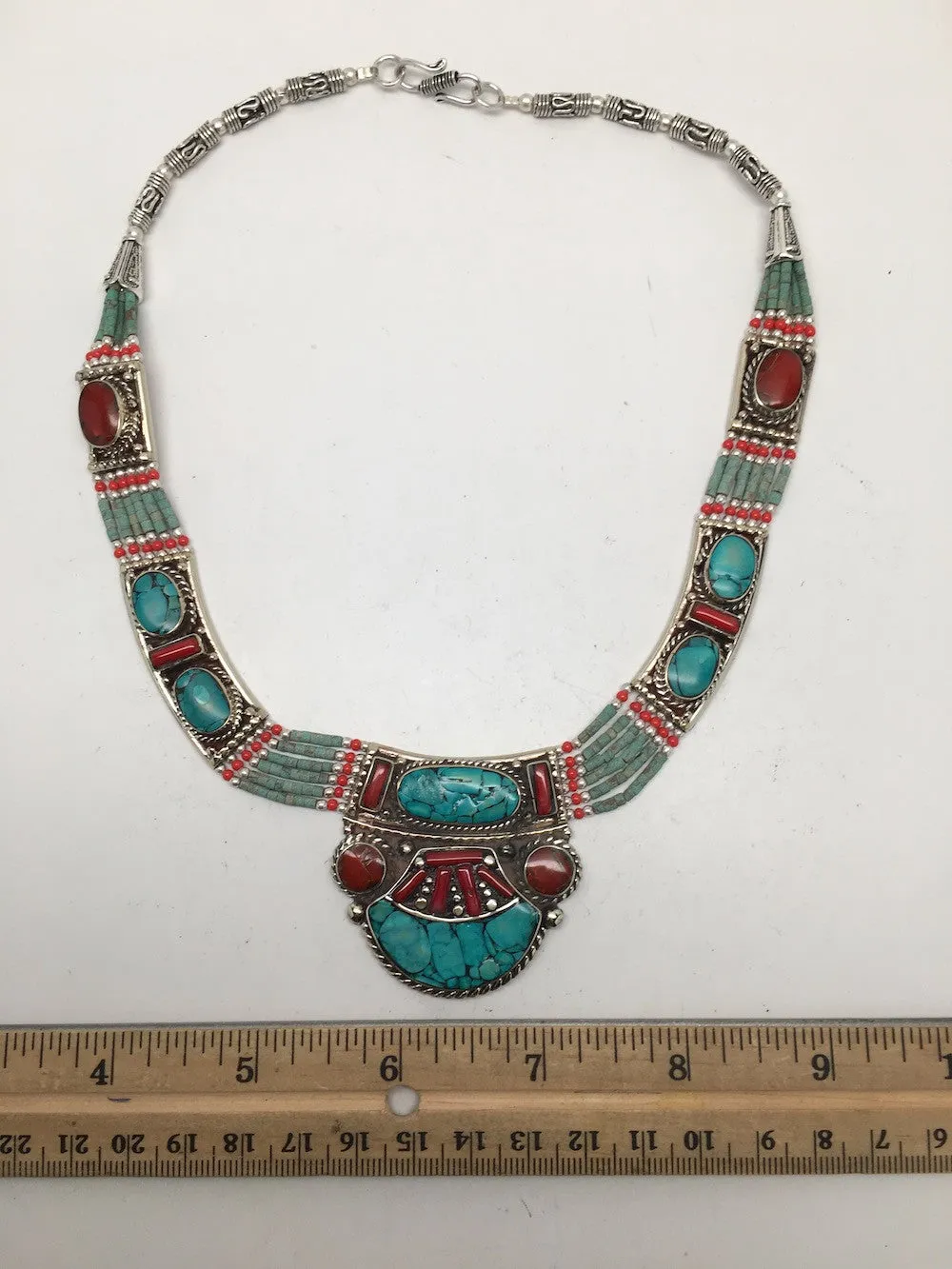 Ethnic Tribal Nepalese tribal Green Turquoise & Red Coral Inlay Necklace, E259