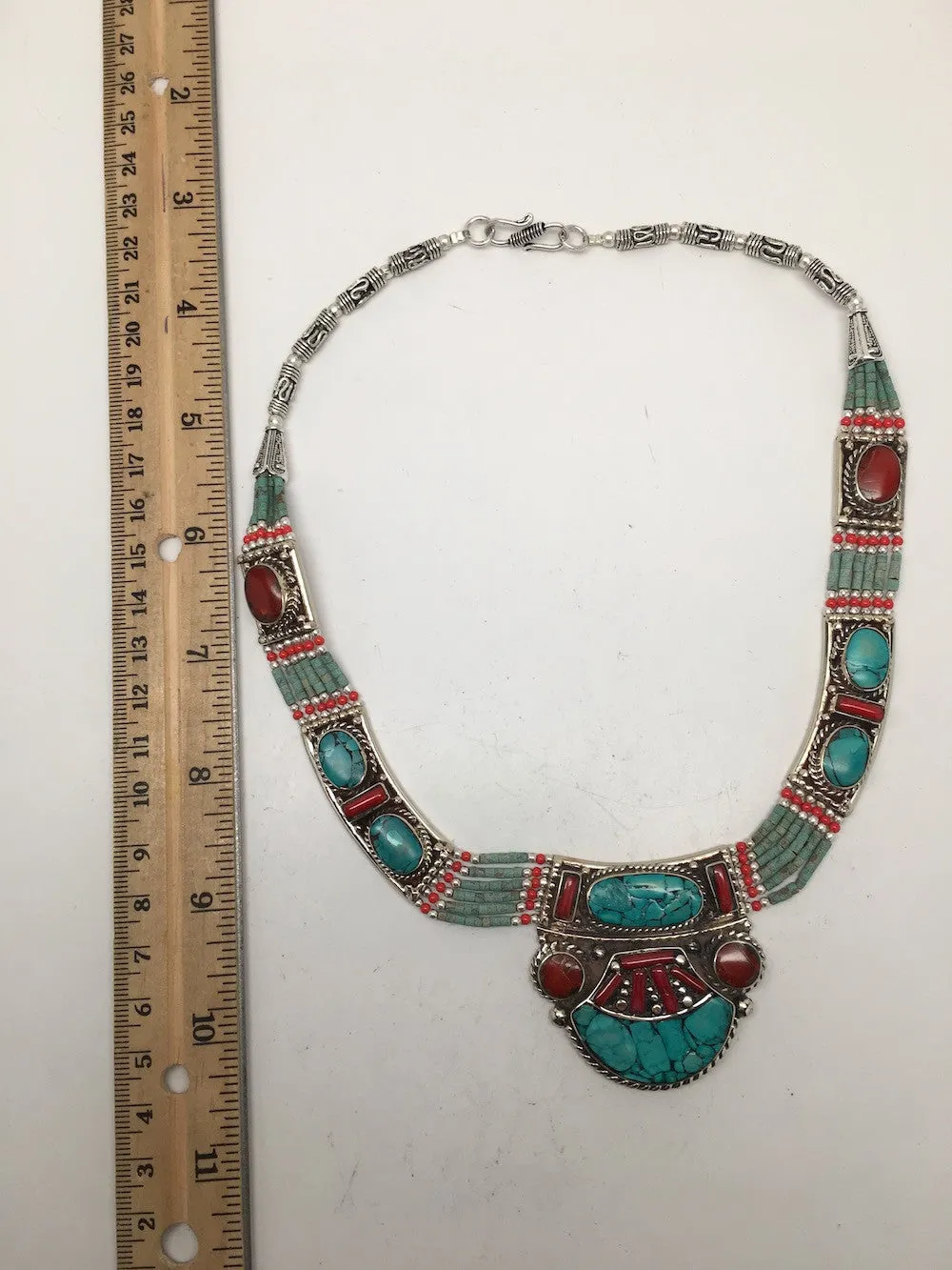 Ethnic Tribal Nepalese tribal Green Turquoise & Red Coral Inlay Necklace, E259