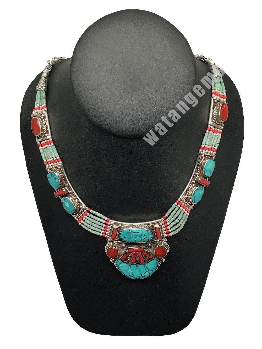 Ethnic Tribal Nepalese tribal Green Turquoise & Red Coral Inlay Necklace, E259
