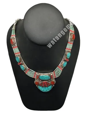 Ethnic Tribal Nepalese tribal Green Turquoise & Red Coral Inlay Necklace, E259