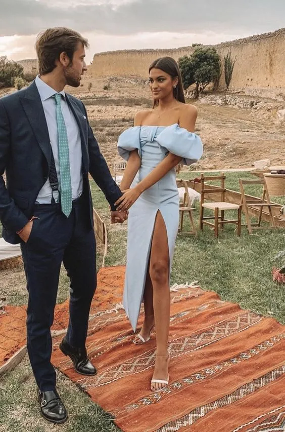 Fashion Off The Shoulder Prom Dress Charming Evening Party Dress With Slit