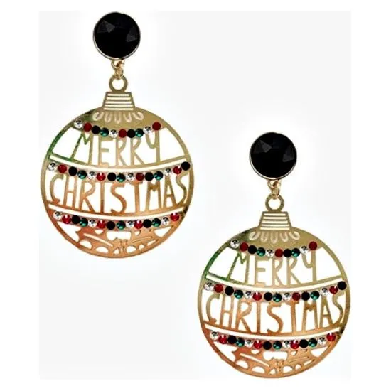 Gold Metal Merry Christmas Ornament Earrings