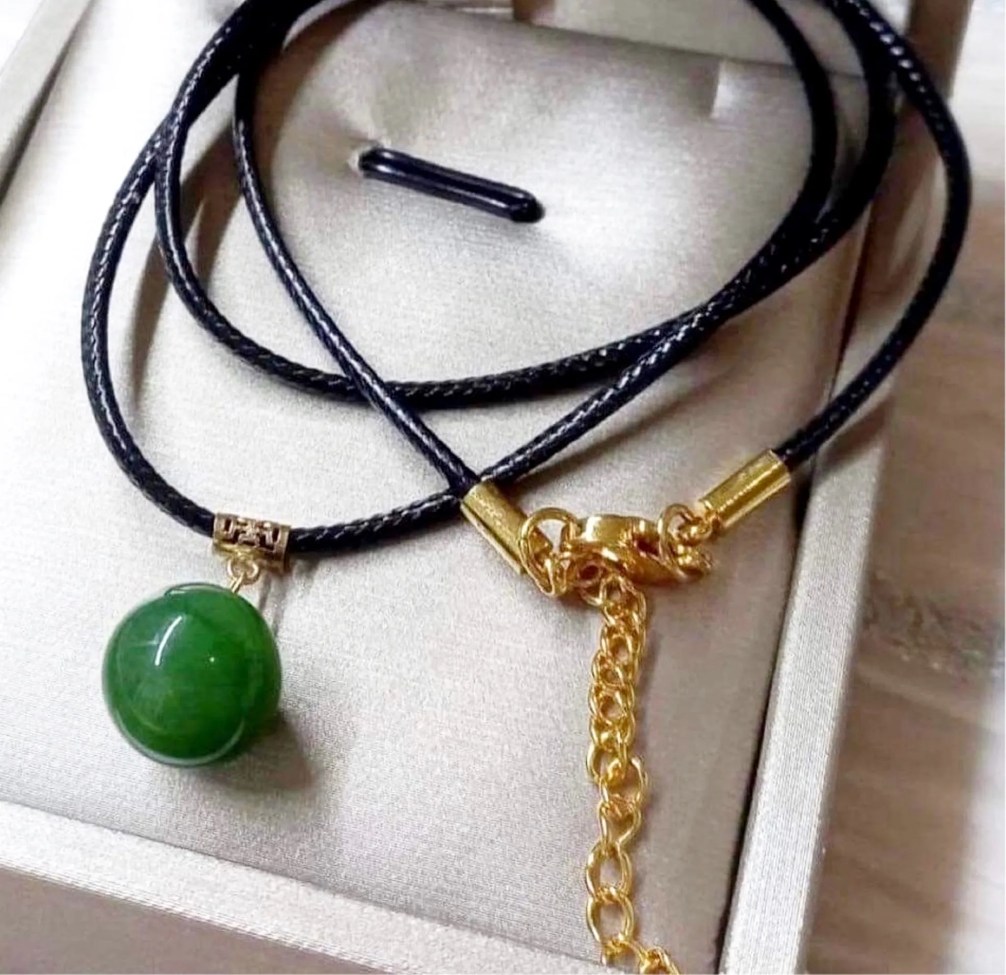 #GOLD2024| 18kt Solid Gold Pendant Large Jade Gemstones Leather Necklace