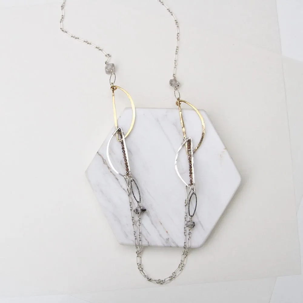 Hand Formed Brass and Sterling Silver Herkimer Diamond Necklace