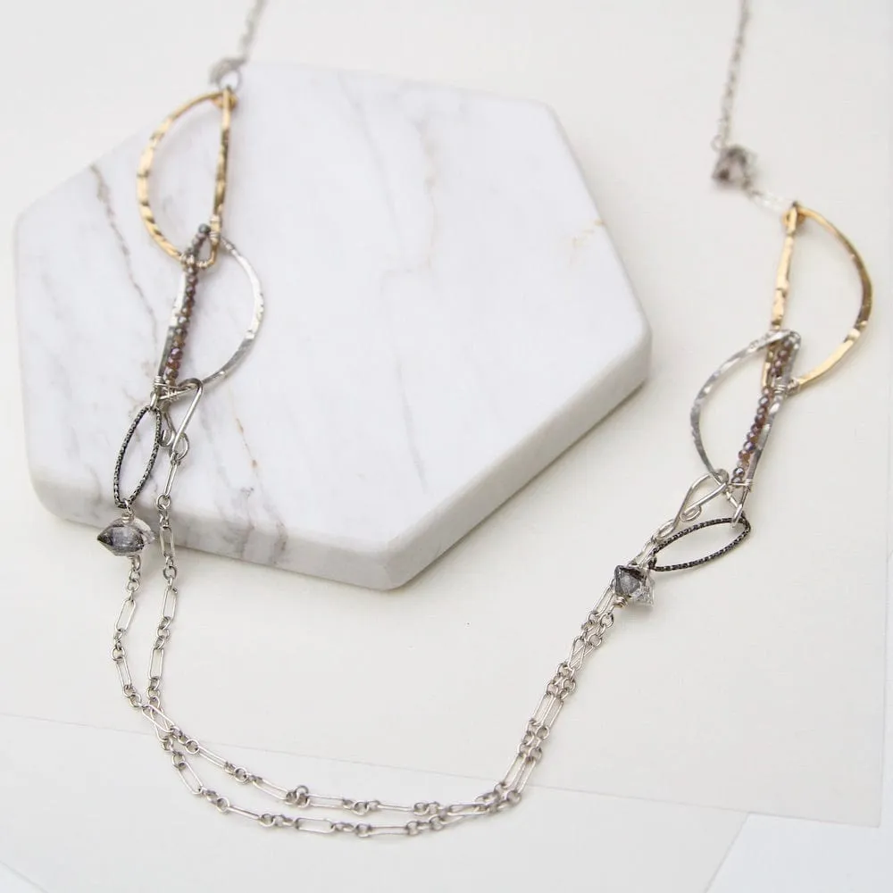 Hand Formed Brass and Sterling Silver Herkimer Diamond Necklace