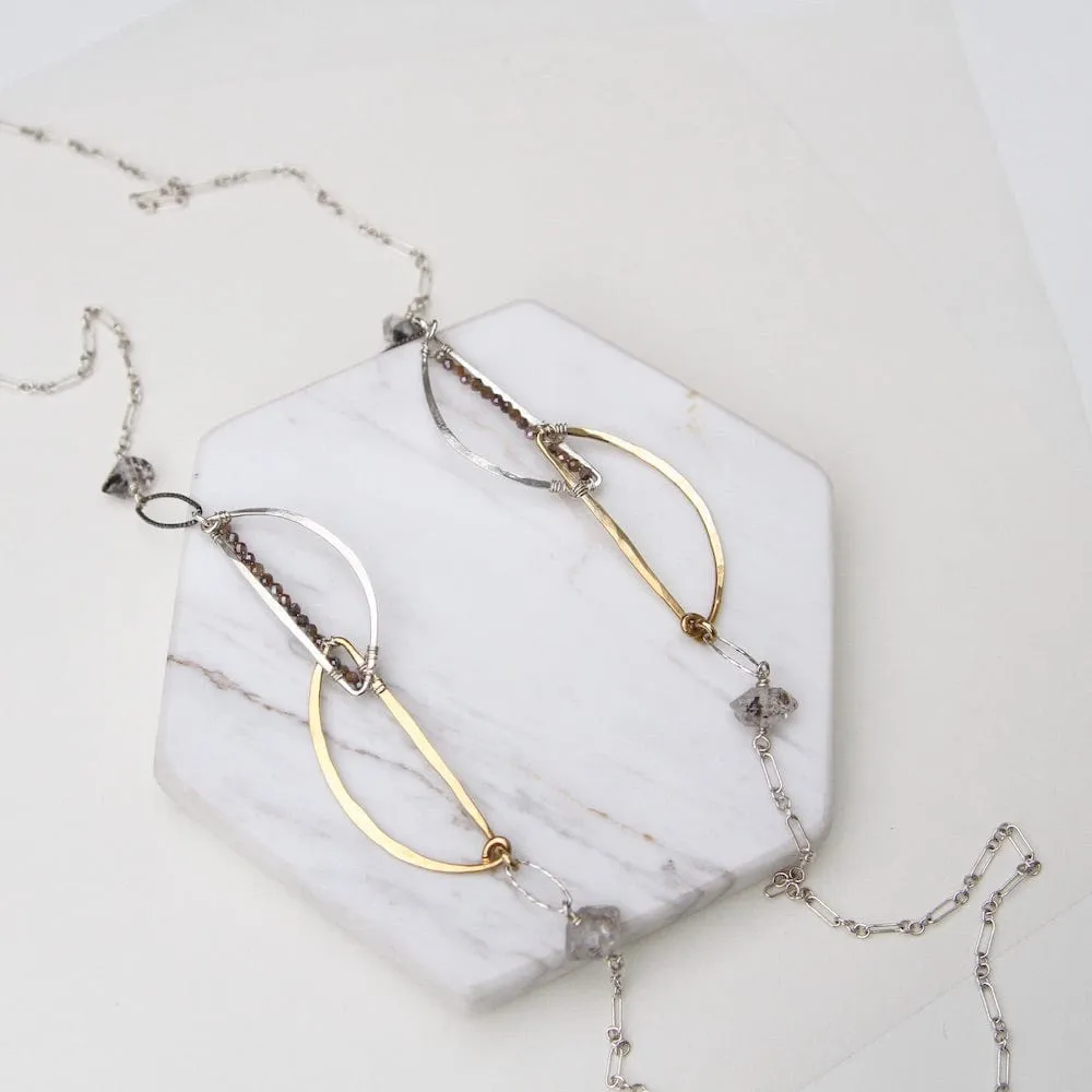 Hand Formed Brass and Sterling Silver Herkimer Diamond Necklace
