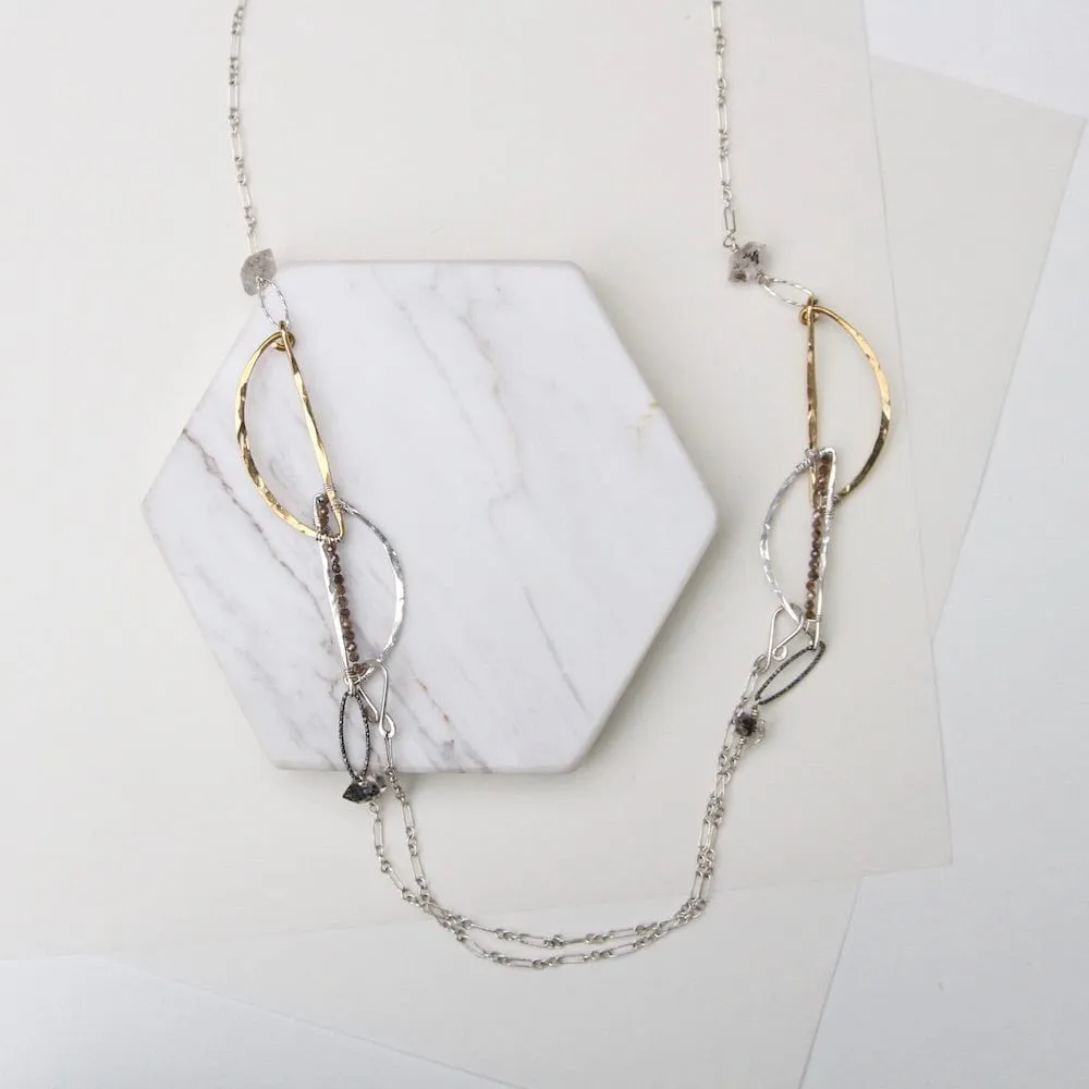 Hand Formed Brass and Sterling Silver Herkimer Diamond Necklace