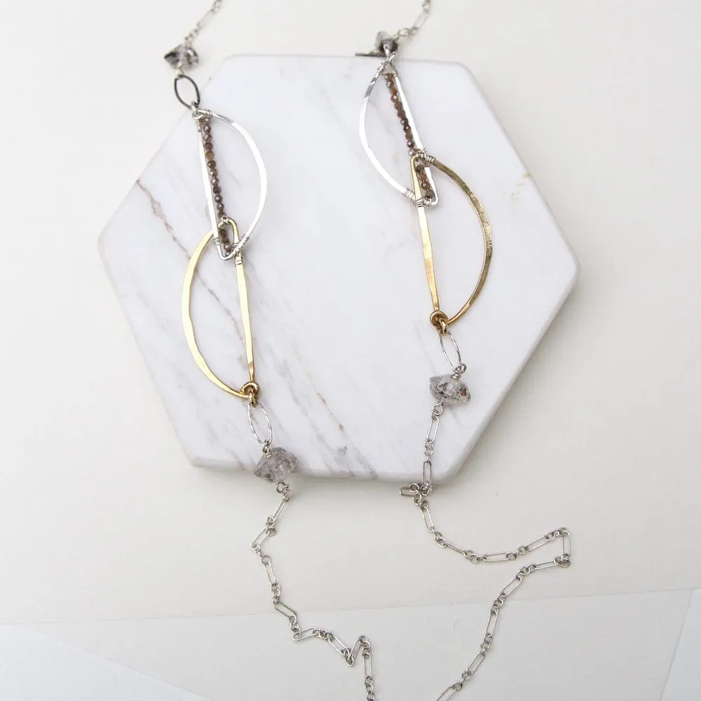 Hand Formed Brass and Sterling Silver Herkimer Diamond Necklace