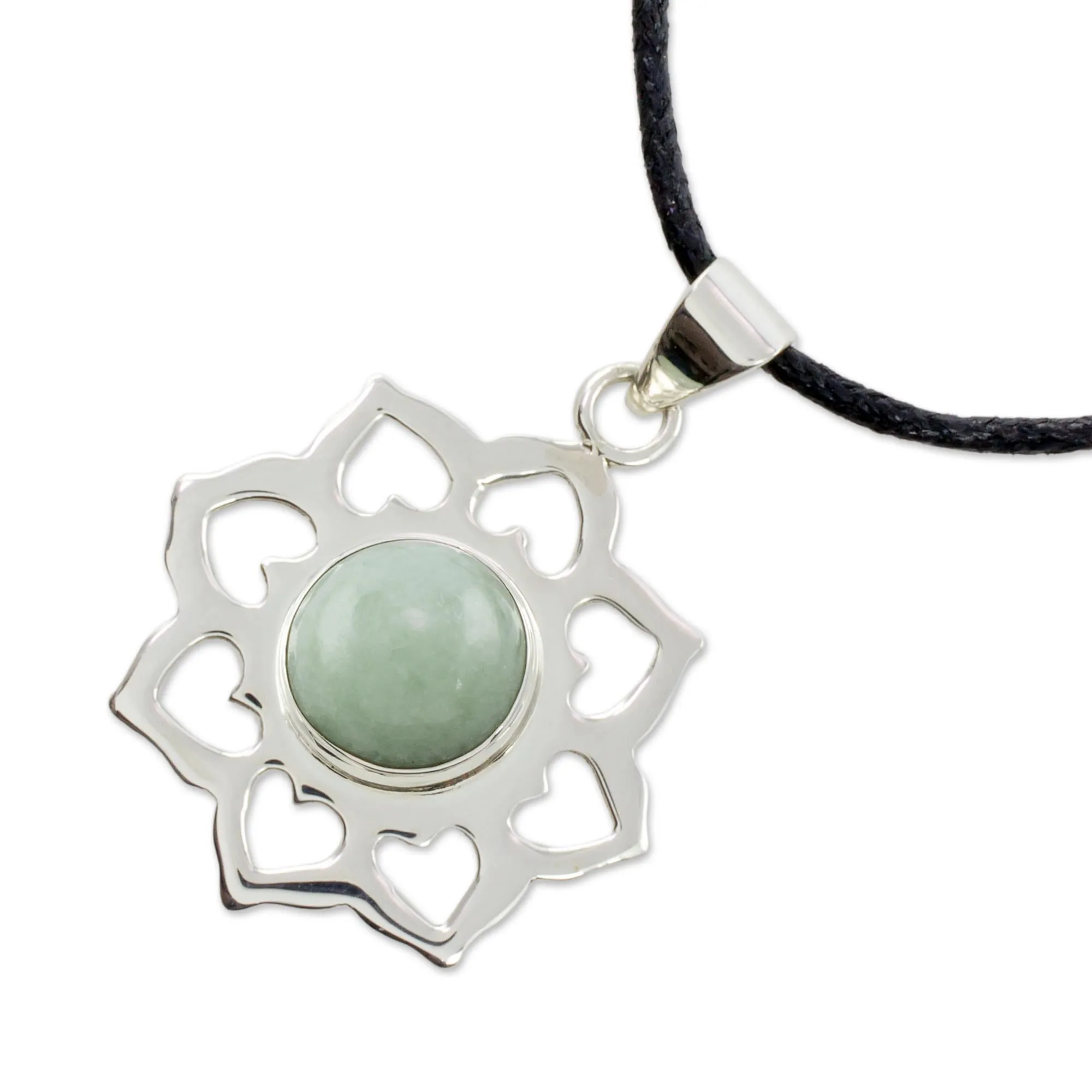 Handmade Green Jade and Silver Necklace with Cotton Cord - Apple Blossom | NOVICA