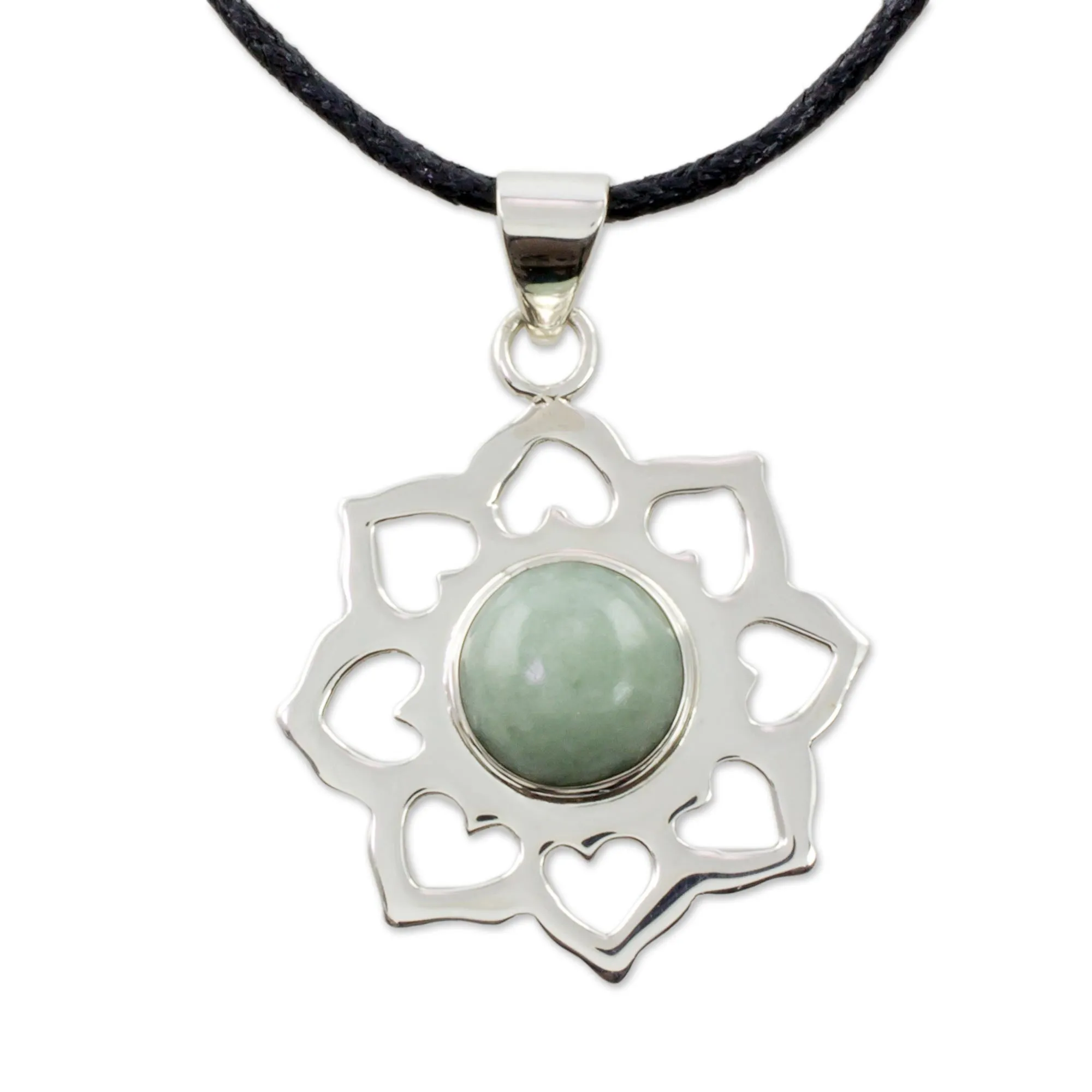 Handmade Green Jade and Silver Necklace with Cotton Cord - Apple Blossom | NOVICA
