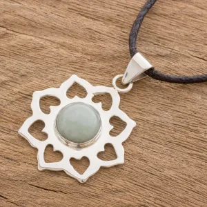 Handmade Green Jade and Silver Necklace with Cotton Cord - Apple Blossom | NOVICA