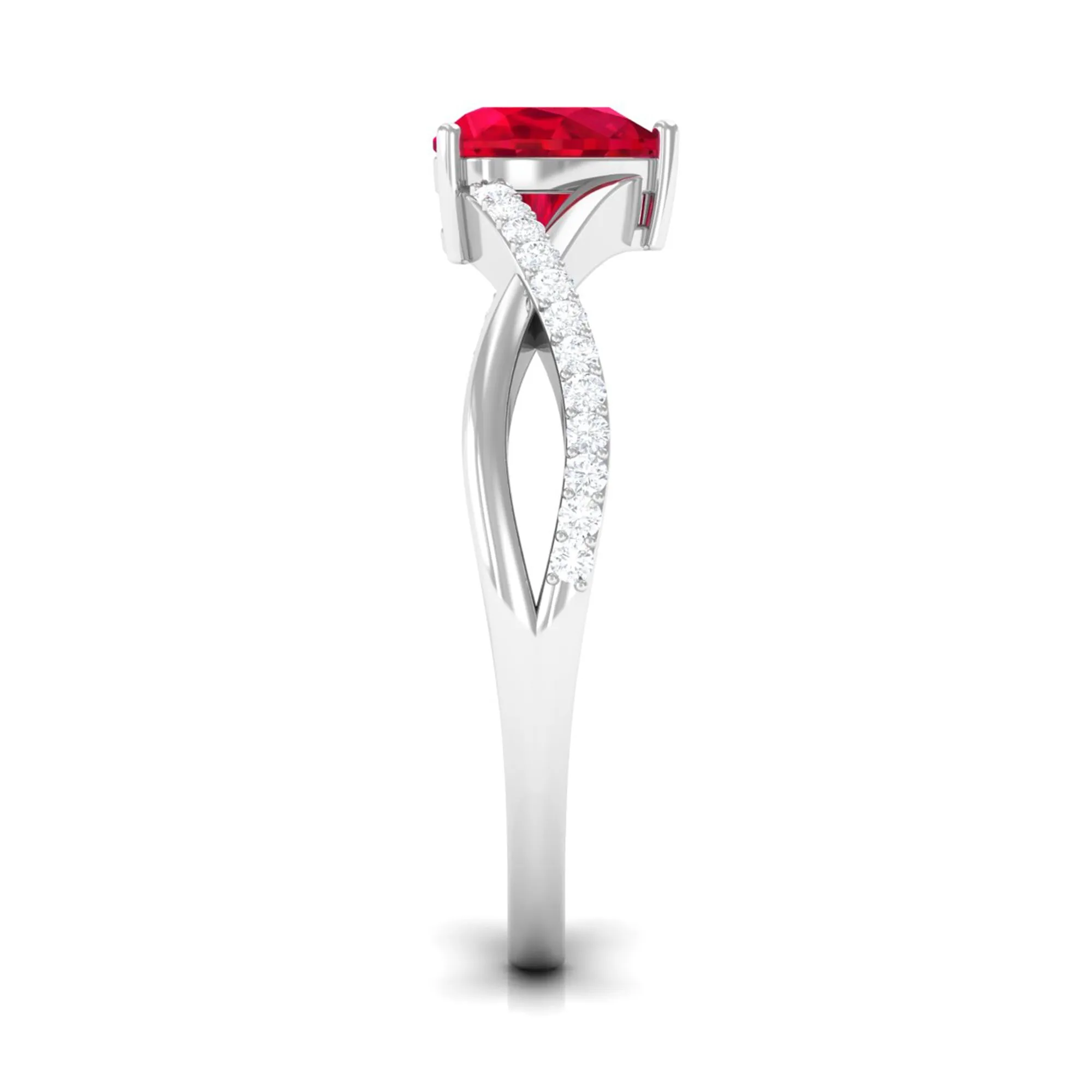 Heart Shape Created Ruby Crossover Ring with Diamond