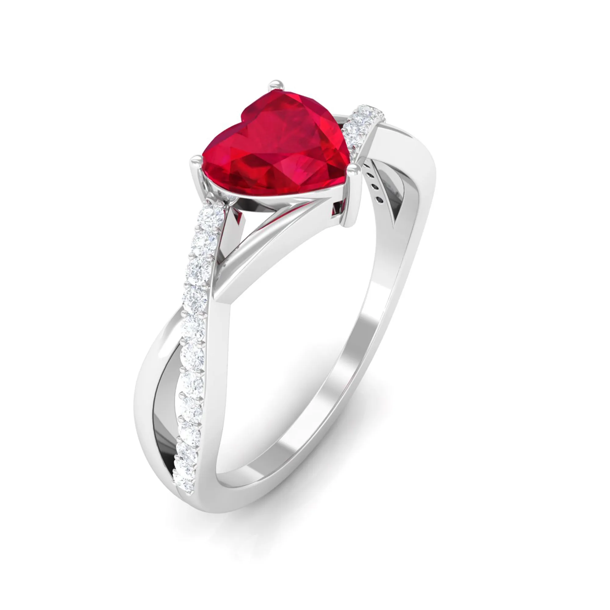 Heart Shape Created Ruby Crossover Ring with Diamond