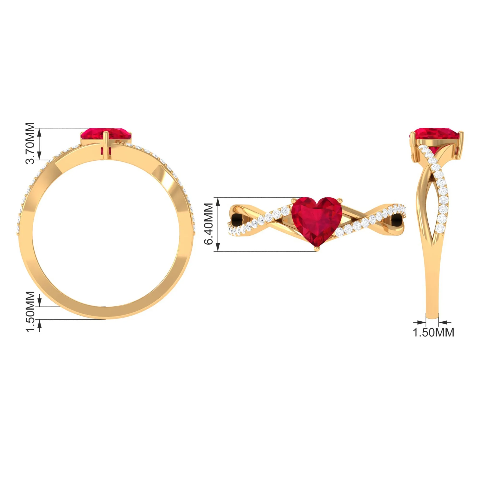 Heart Shape Created Ruby Crossover Ring with Diamond