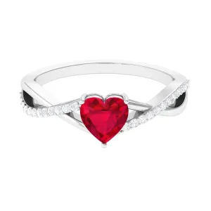 Heart Shape Created Ruby Crossover Ring with Diamond
