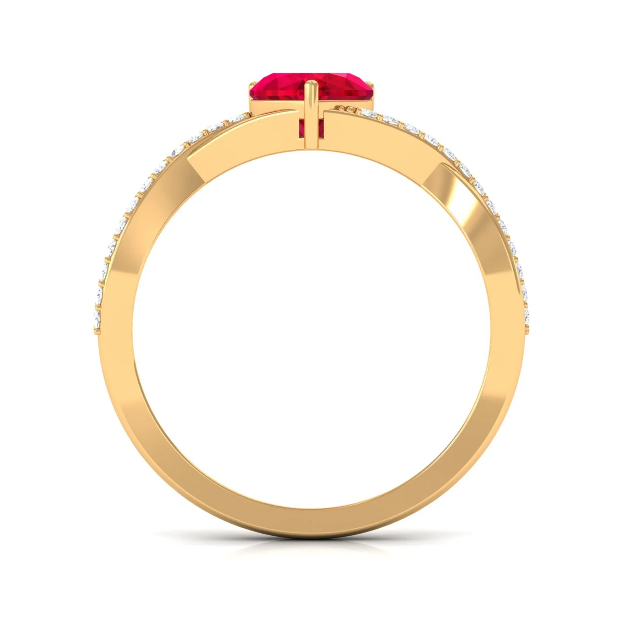 Heart Shape Created Ruby Crossover Ring with Diamond