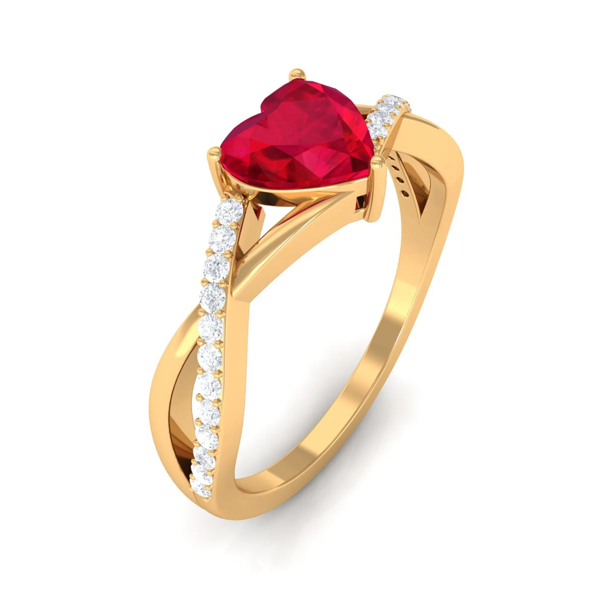 Heart Shape Created Ruby Crossover Ring with Diamond