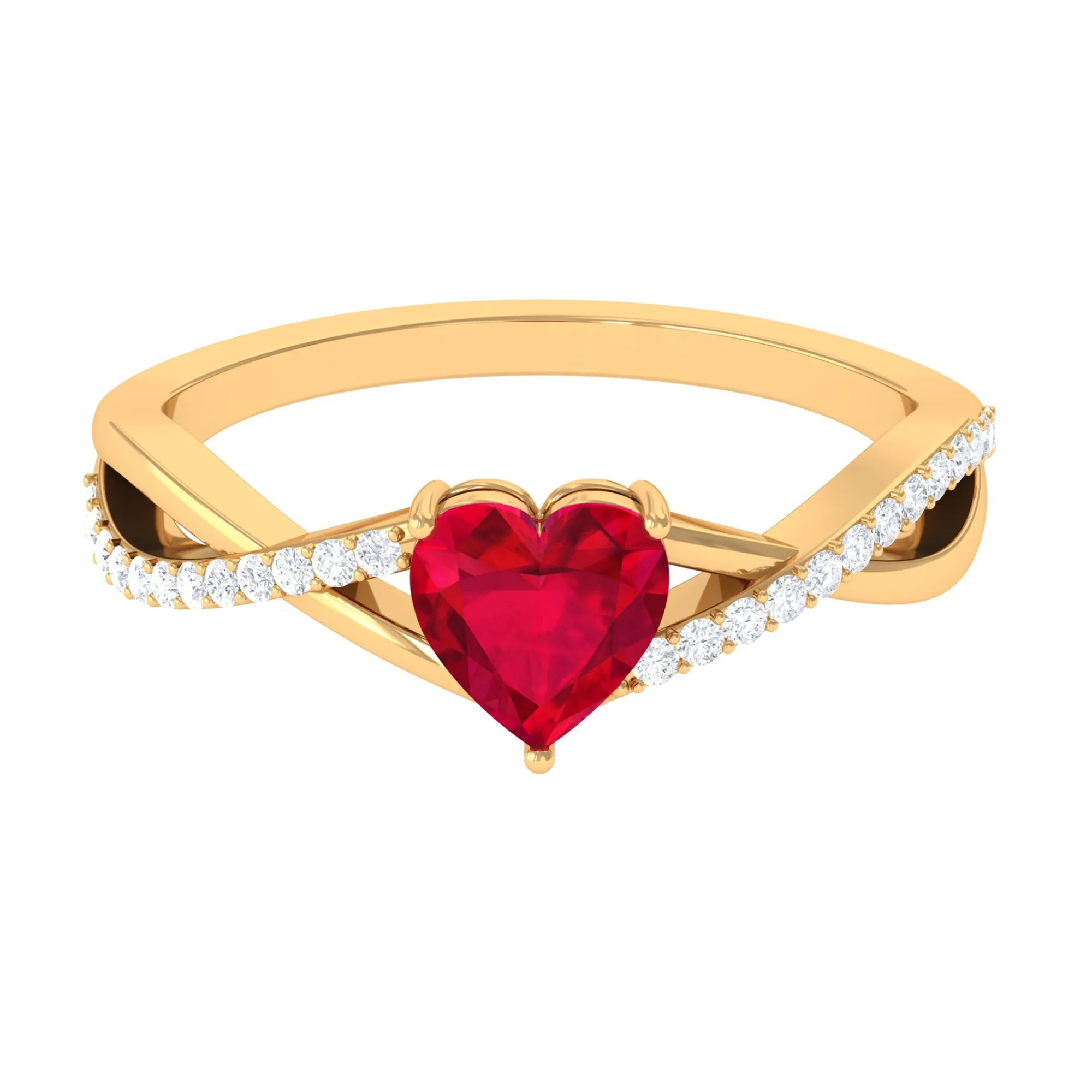 Heart Shape Created Ruby Crossover Ring with Diamond