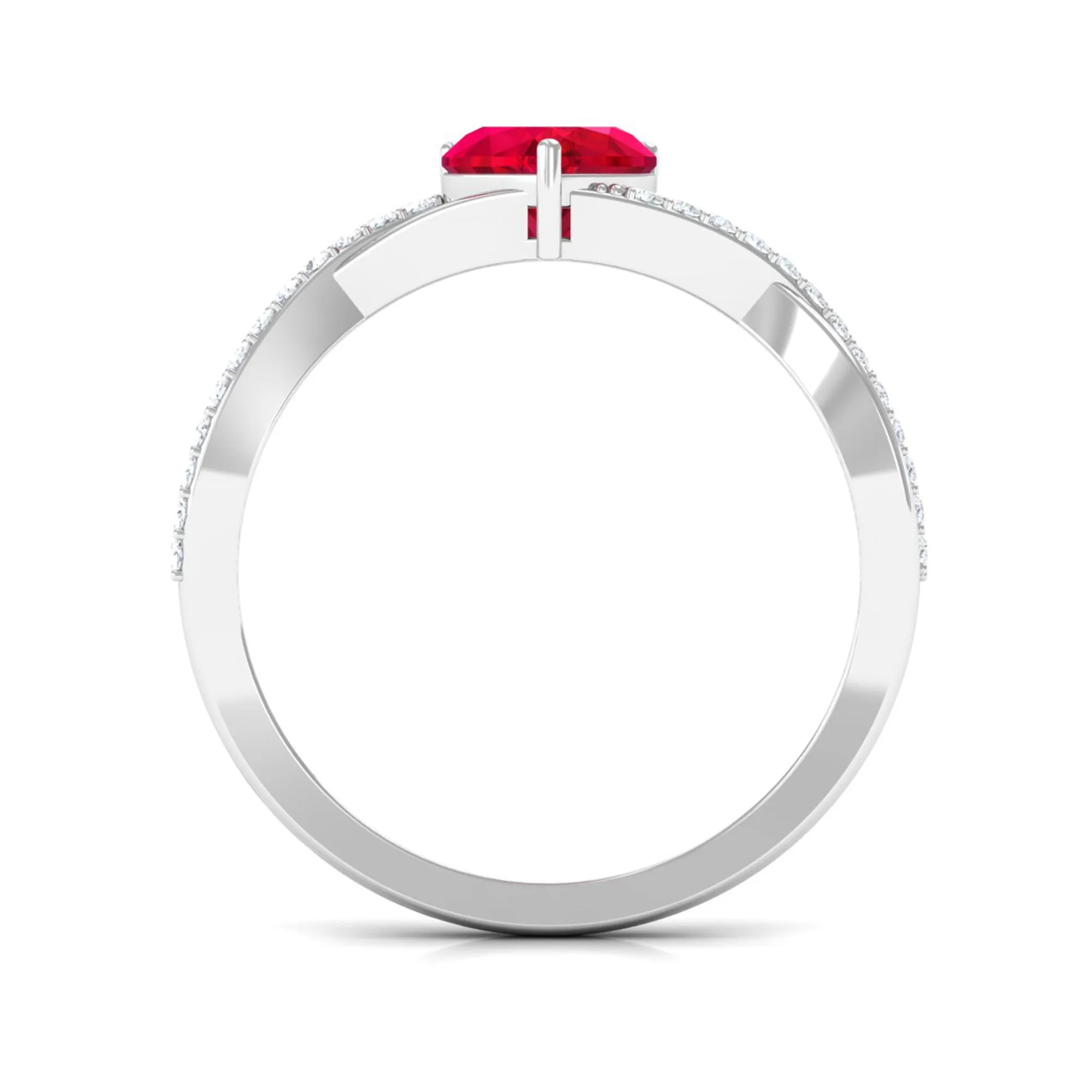 Heart Shape Created Ruby Crossover Ring with Diamond