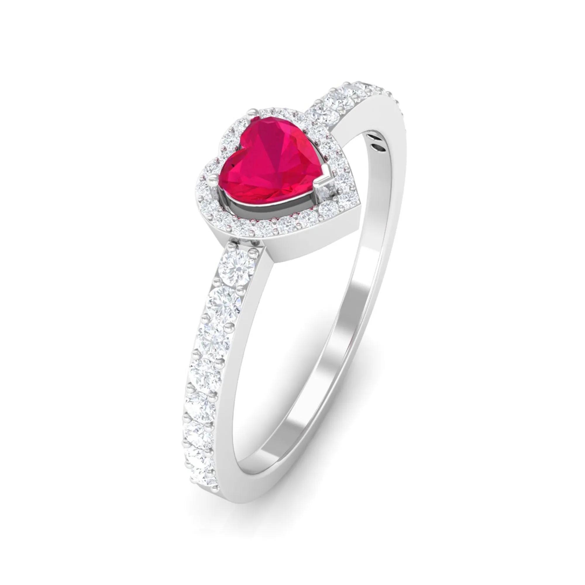 Heart Shape Ruby and Diamond Halo Engagement Ring