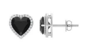 Heart Shaped Black Spinel Stud Earrings With Diamond Halo