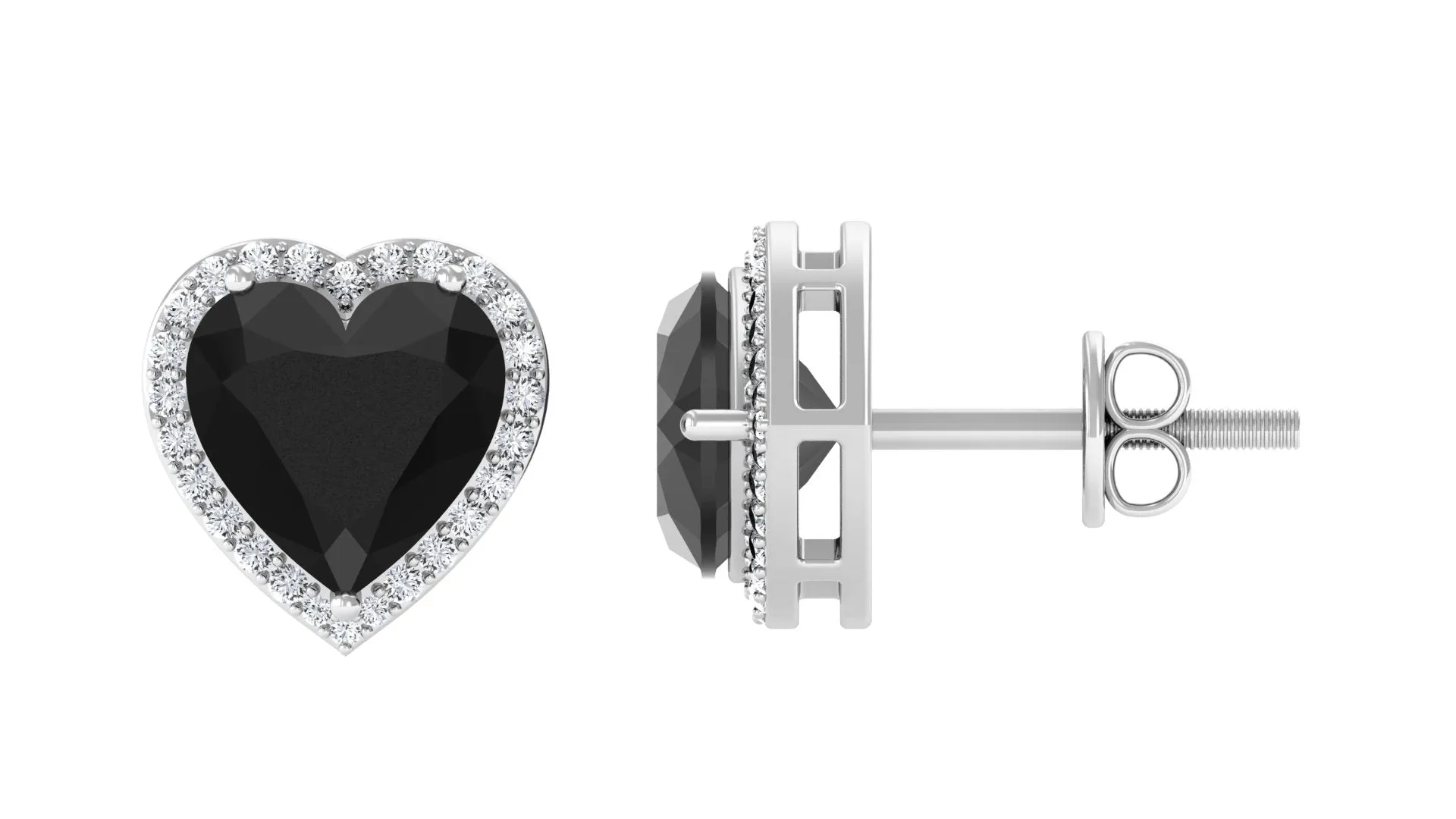 Heart Shaped Black Spinel Stud Earrings With Diamond Halo