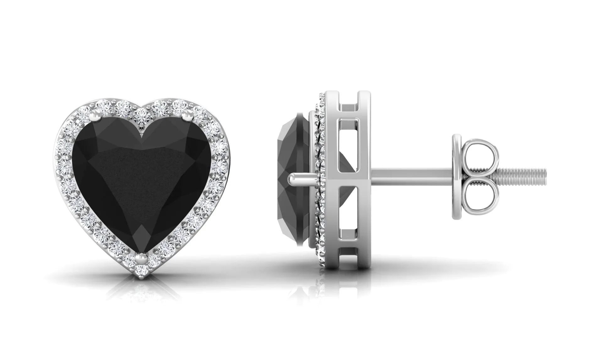 Heart Shaped Black Spinel Stud Earrings With Diamond Halo