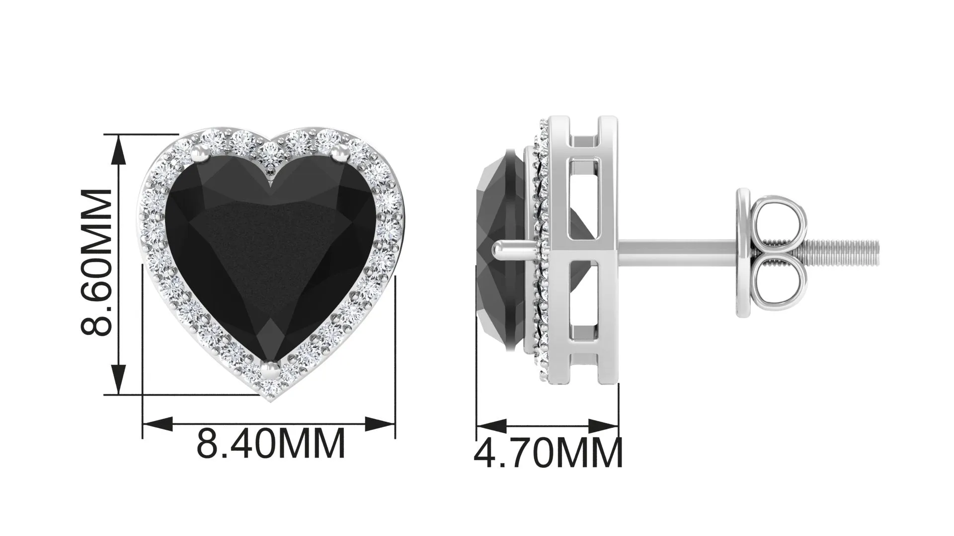 Heart Shaped Black Spinel Stud Earrings With Diamond Halo