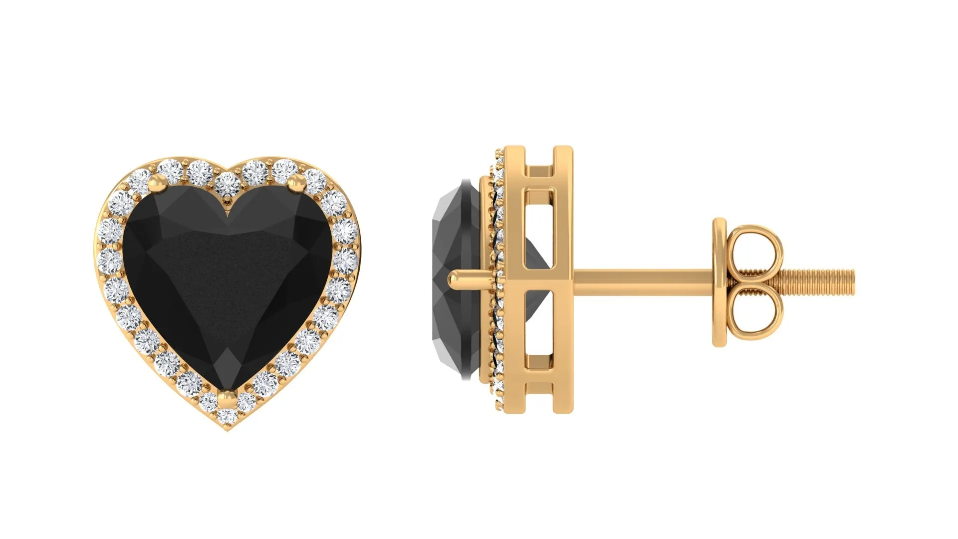 Heart Shaped Black Spinel Stud Earrings With Diamond Halo
