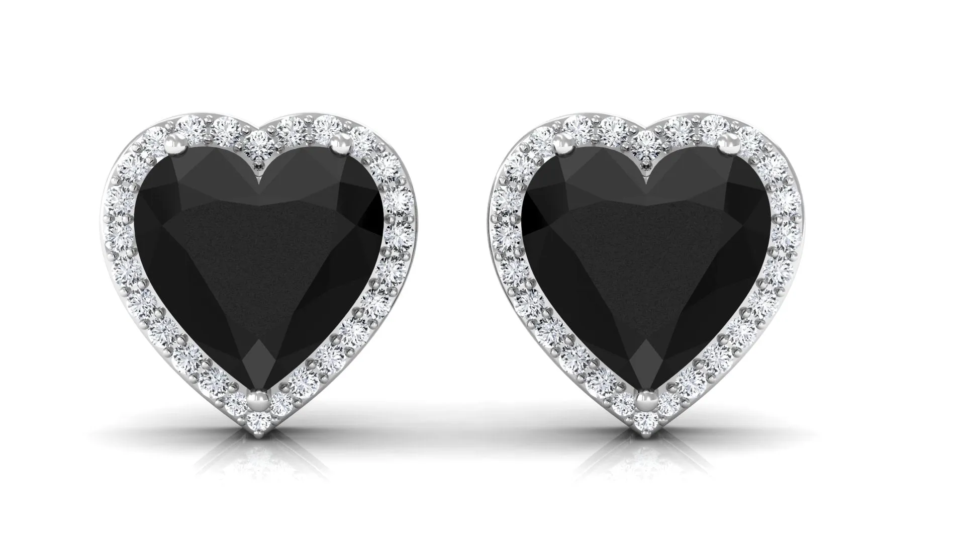 Heart Shaped Black Spinel Stud Earrings With Diamond Halo