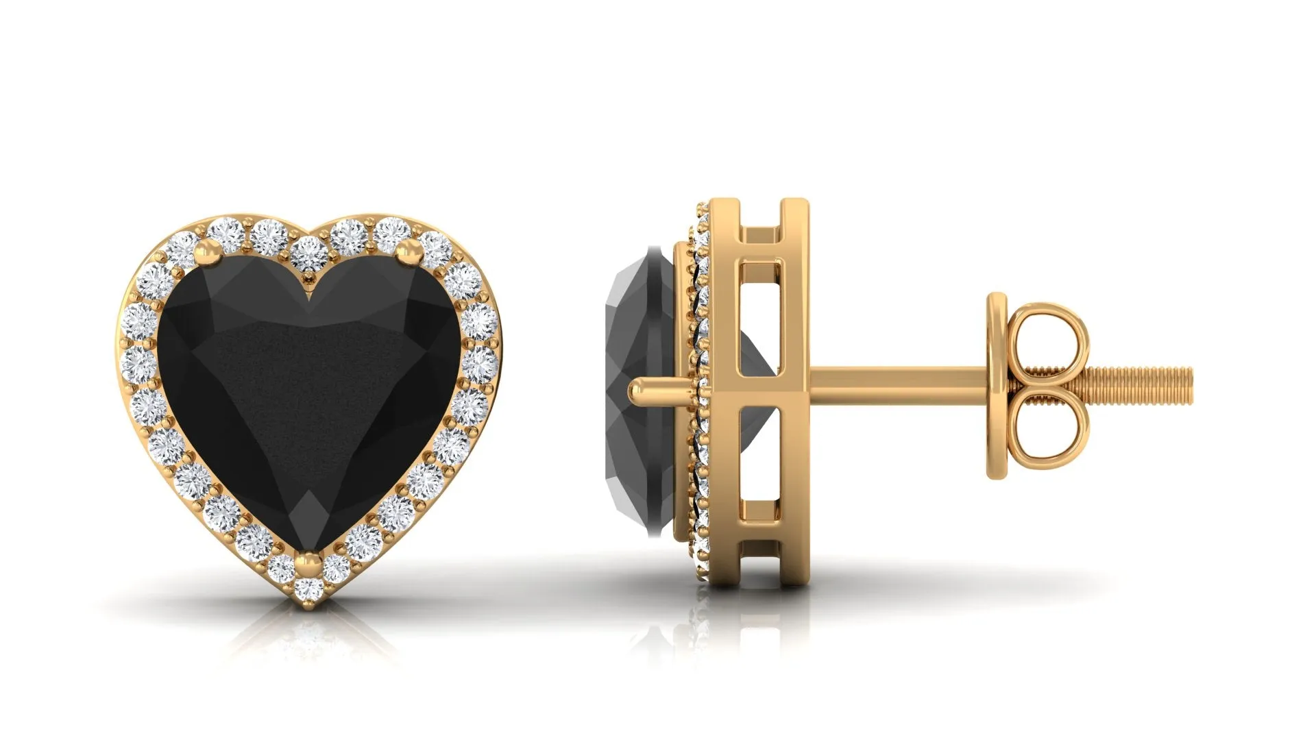 Heart Shaped Black Spinel Stud Earrings With Diamond Halo