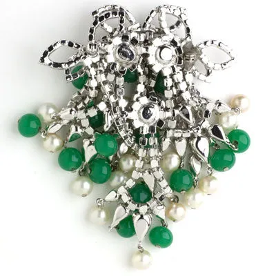 Jade Bead, Pearl & Diamanté Dangle Brooch