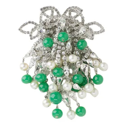 Jade Bead, Pearl & Diamanté Dangle Brooch