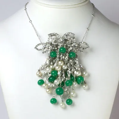 Jade Bead, Pearl & Diamanté Dangle Brooch