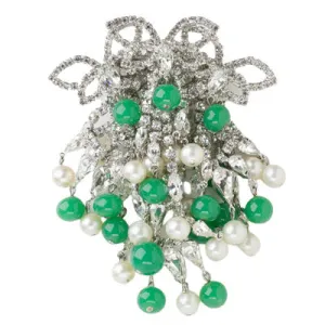 Jade Bead, Pearl & Diamanté Dangle Brooch