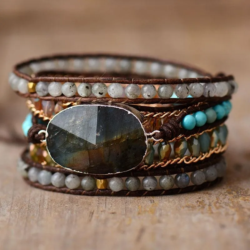 Labradorite Charm & Jasper Wrap Bracelet