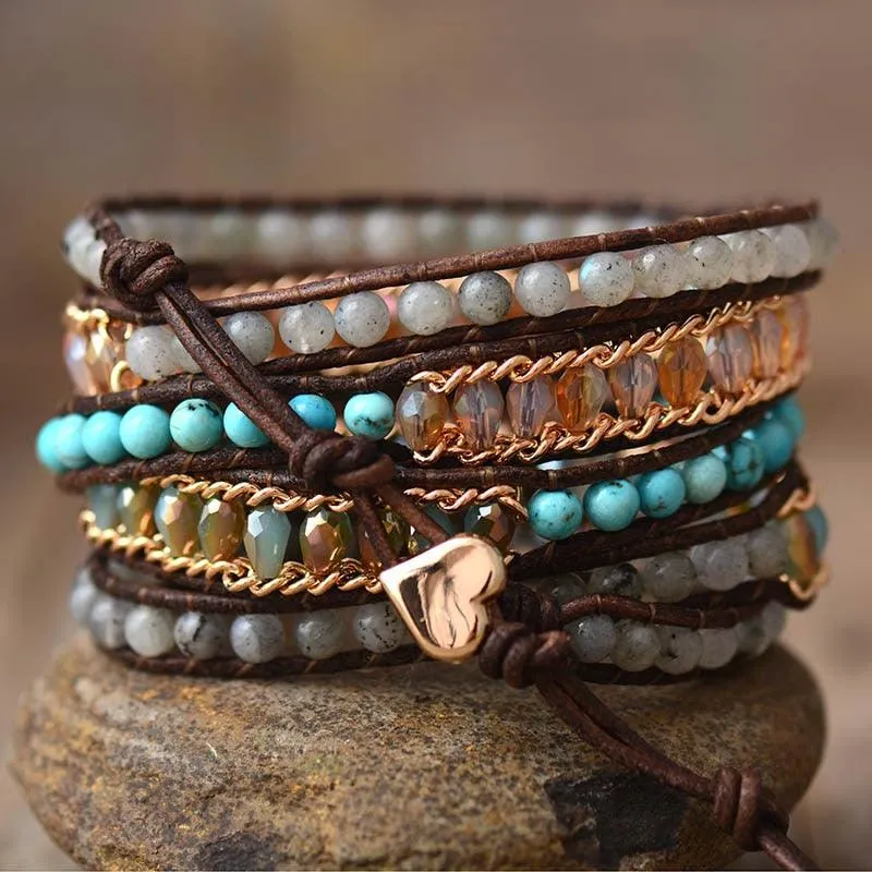 Labradorite Charm & Jasper Wrap Bracelet