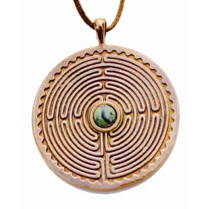 Labyrinth Peace Bronze Pendant Necklace with Jade gemstone on Natural Fiber Cord