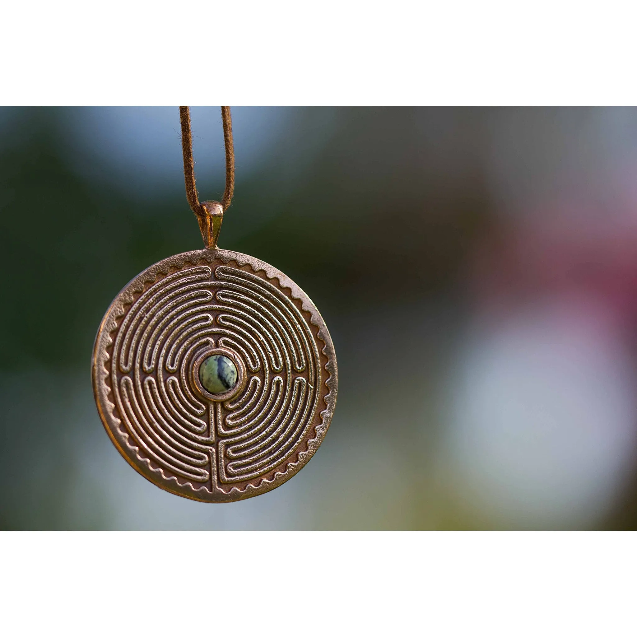 Labyrinth Peace Bronze Pendant Necklace with Jade gemstone on Natural Fiber Cord