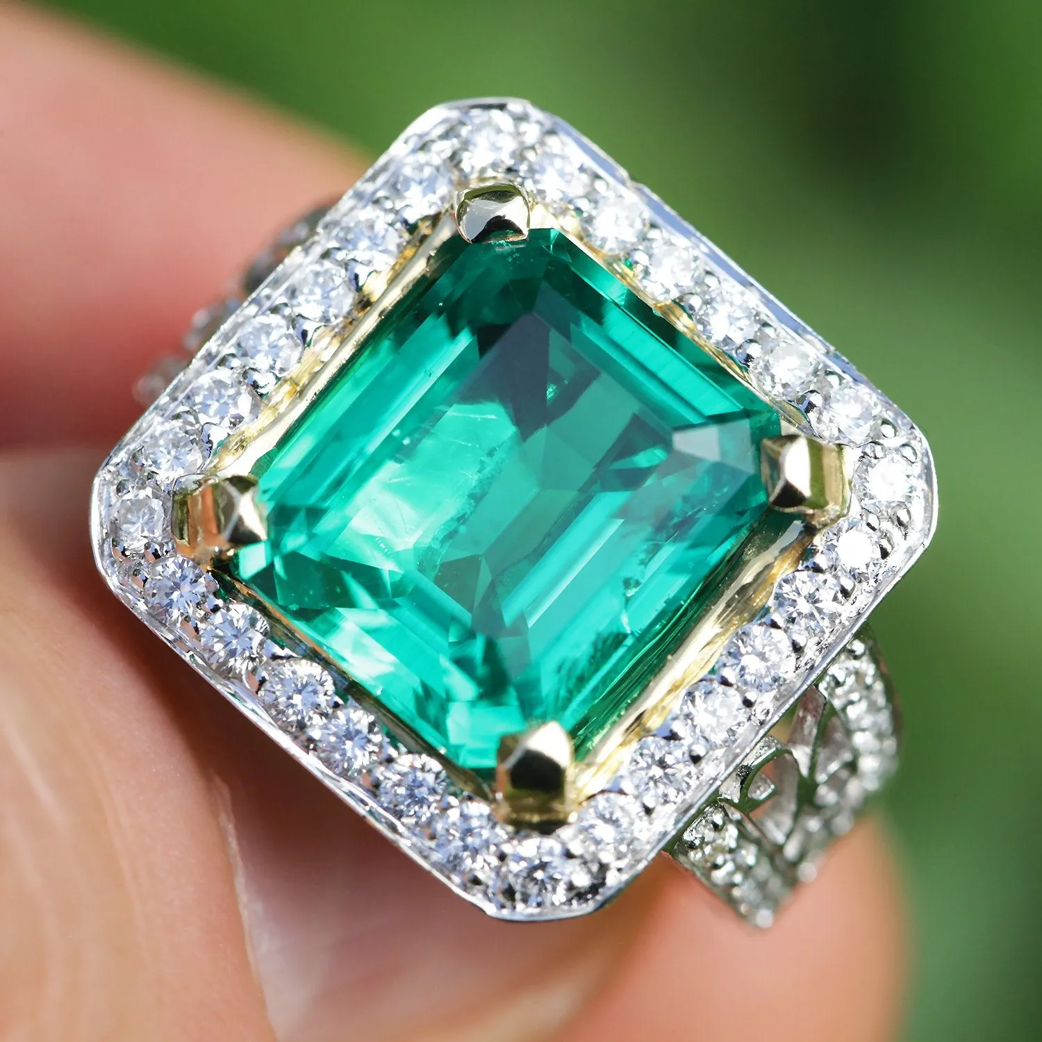 Large Emerald Halo Ring with Accents 18K Two-Tone Gold 6.04ctw