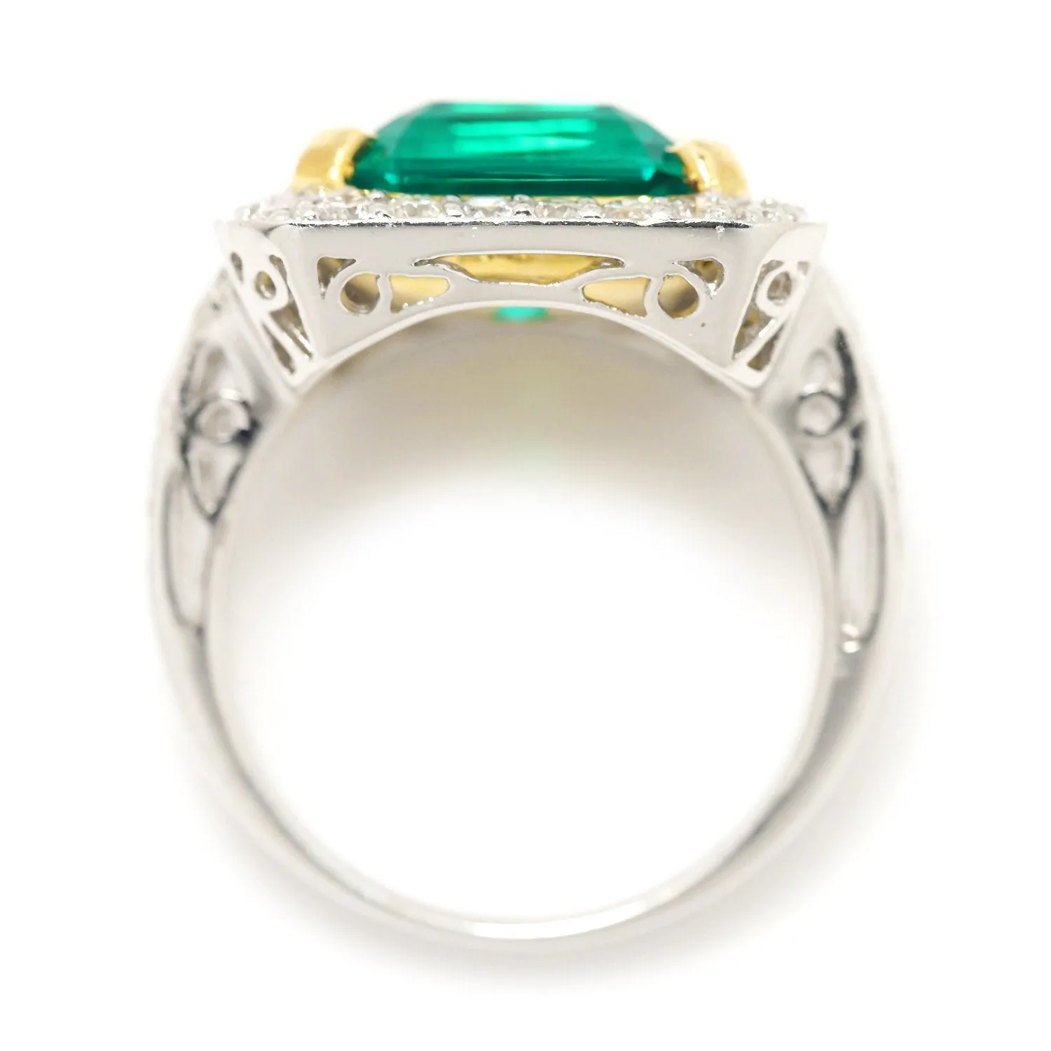 Large Emerald Halo Ring with Accents 18K Two-Tone Gold 6.04ctw