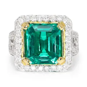 Large Emerald Halo Ring with Accents 18K Two-Tone Gold 6.04ctw