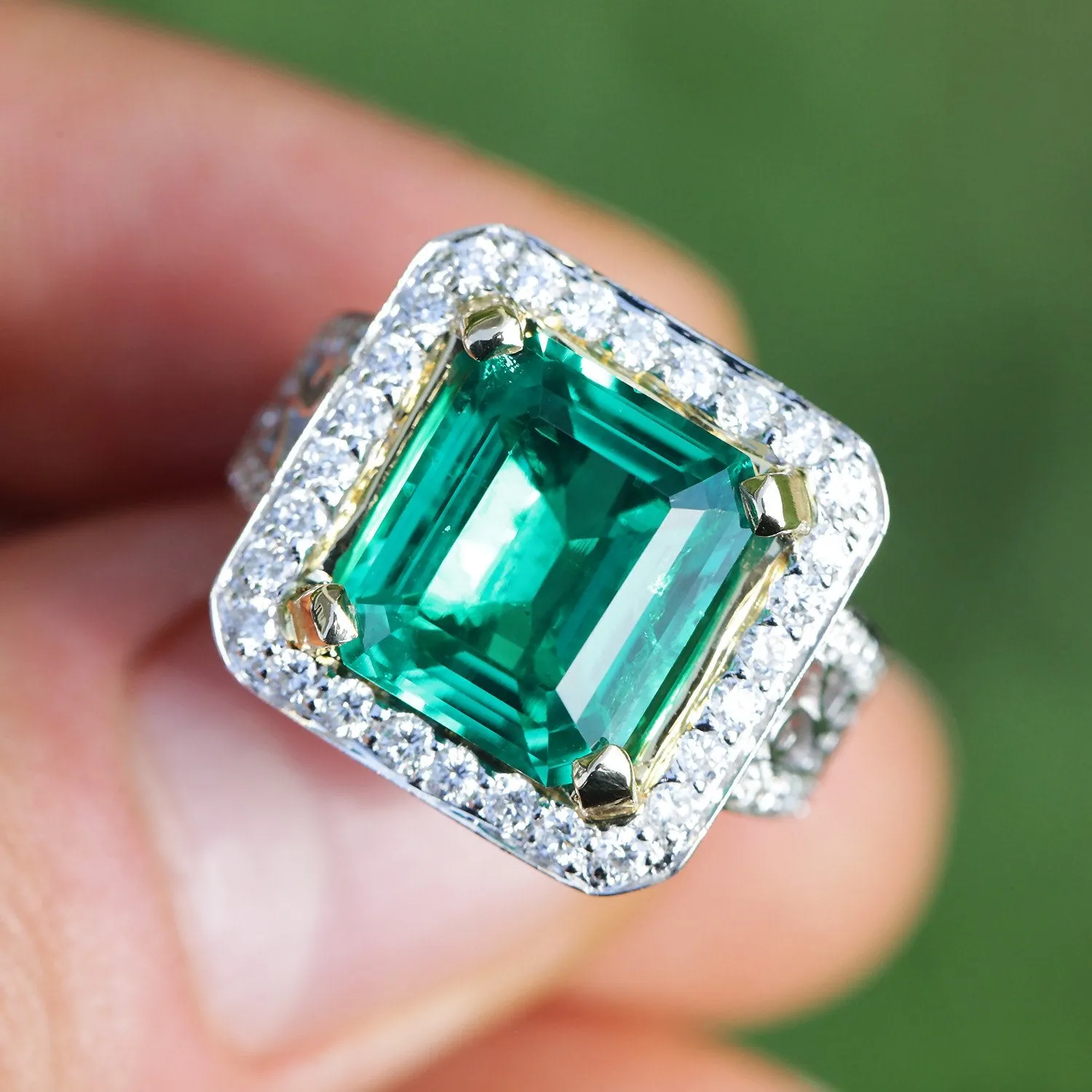 Large Emerald Halo Ring with Accents 18K Two-Tone Gold 6.04ctw