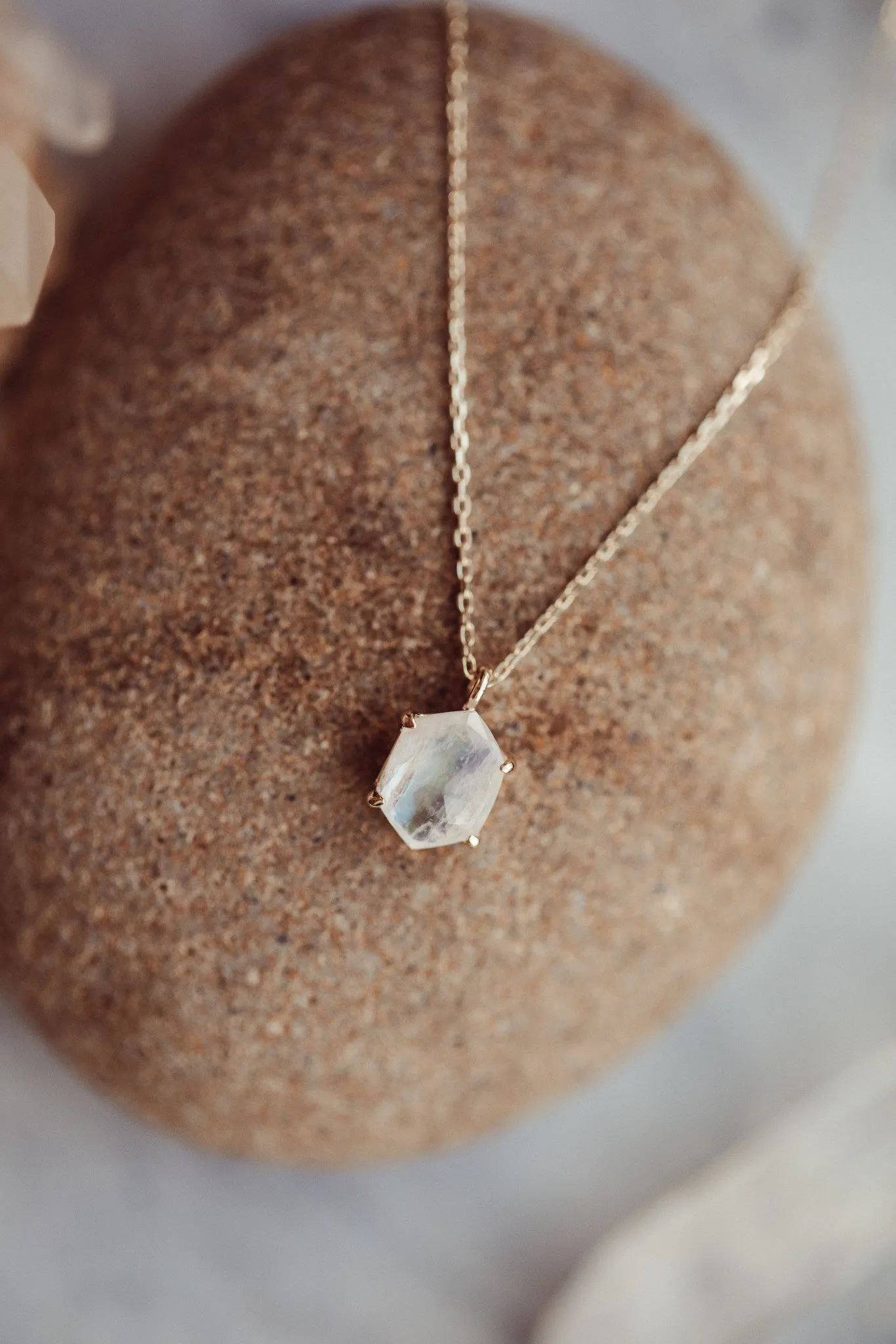 Long Hexagon Moonstone in Prongs Necklace