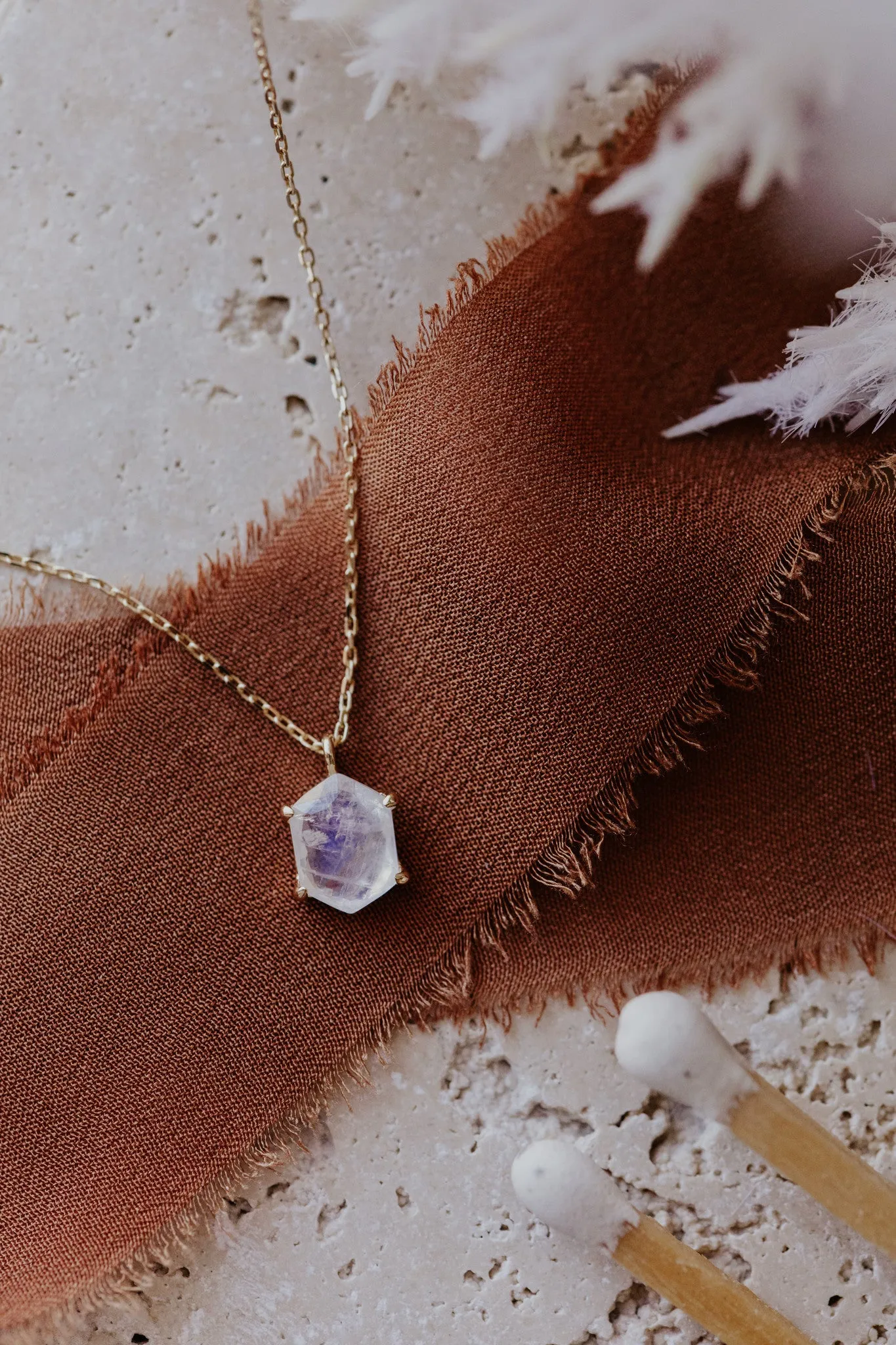 Long Hexagon Moonstone in Prongs Necklace
