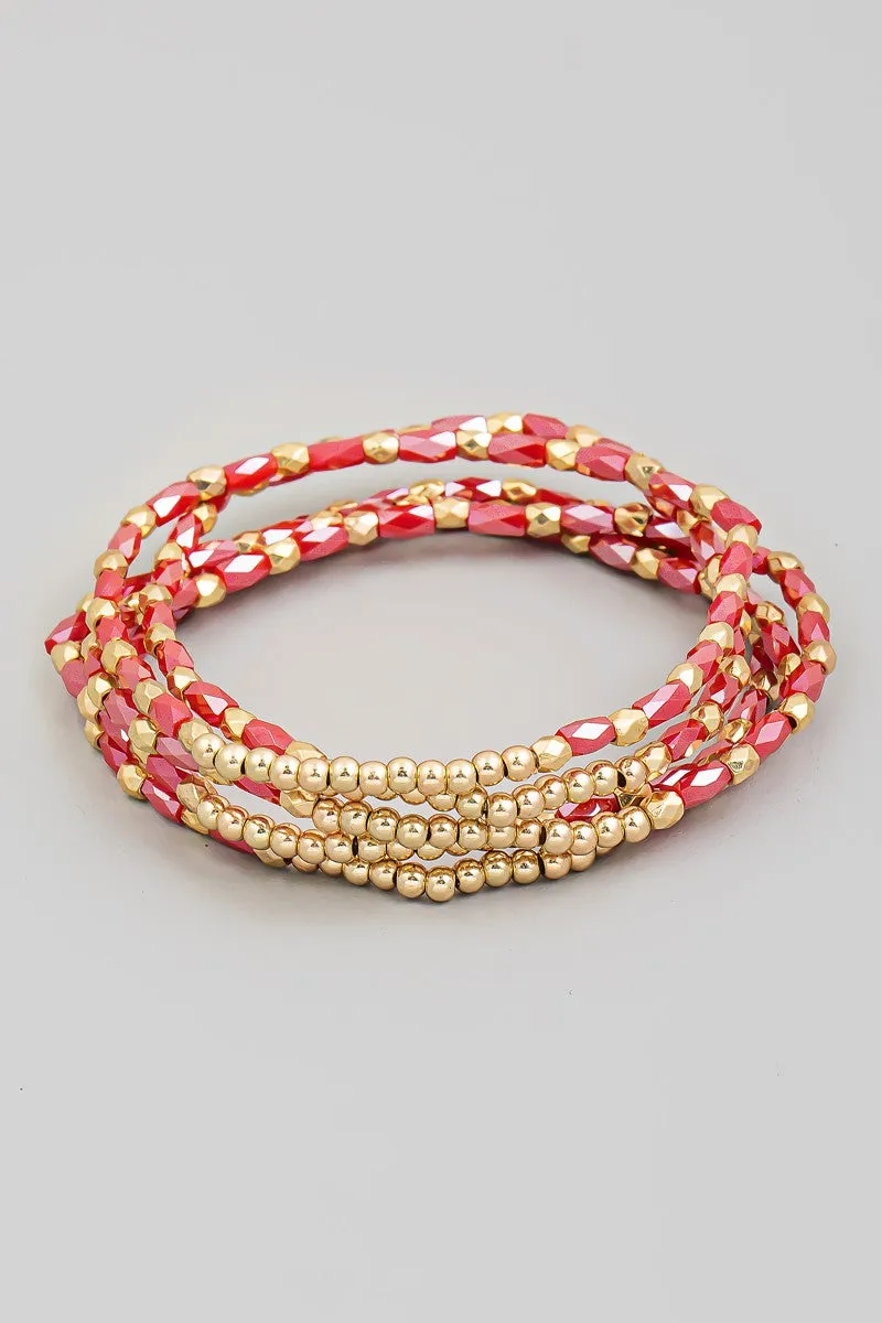 Matilda Rhinestone & Metal Beaded Bracelet Set- Red